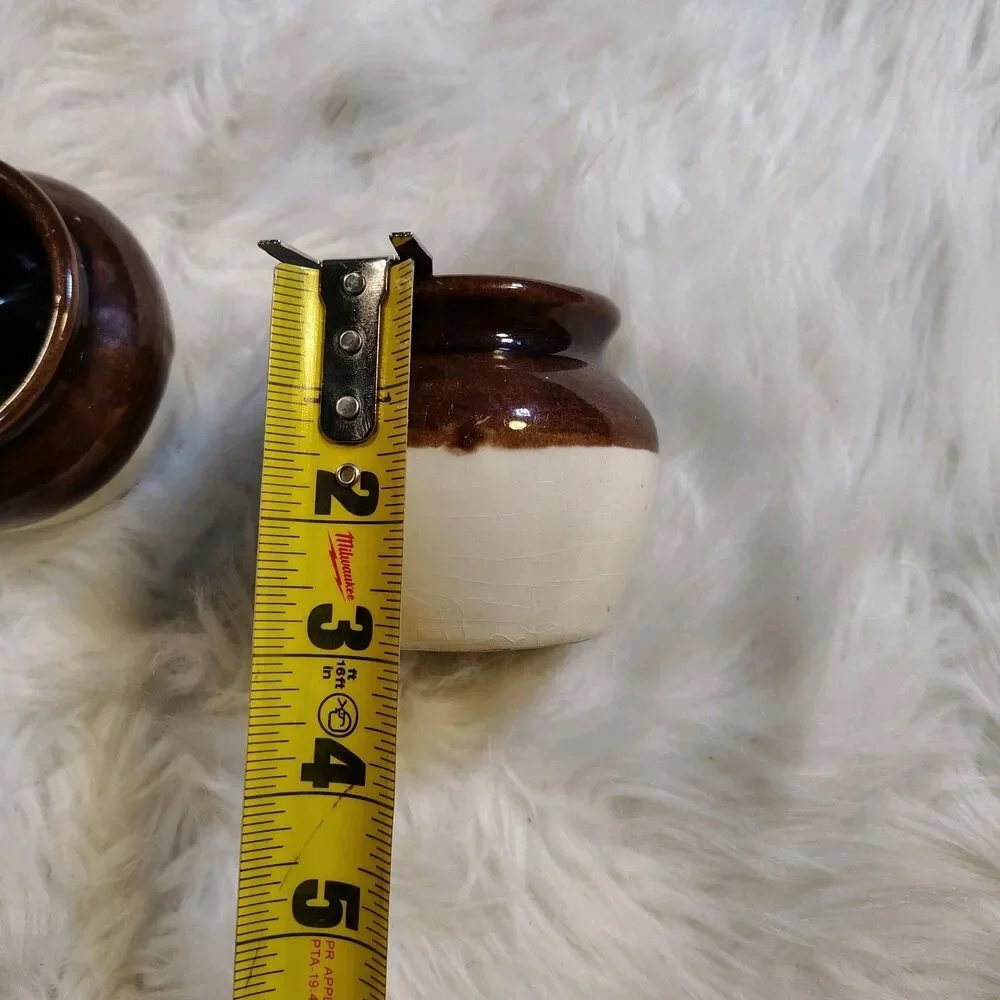Burnham & Morrill CO Small Stoneware Bean Pot Brown & White Glaze Lot Of 2